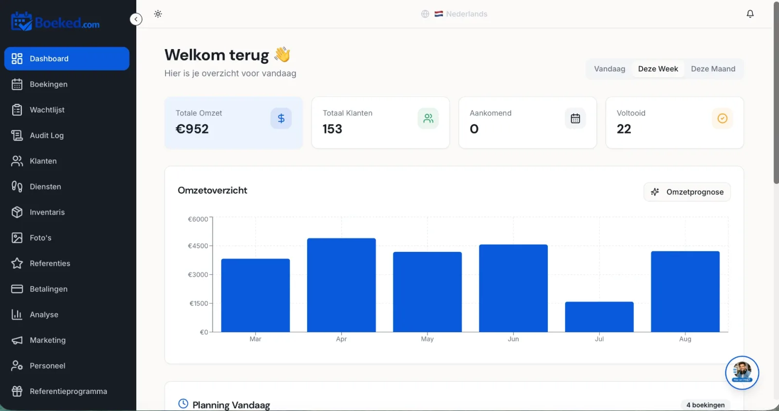 Boeked dashboard showing calendar, clients, payments and marketing tools in one app for service professionals