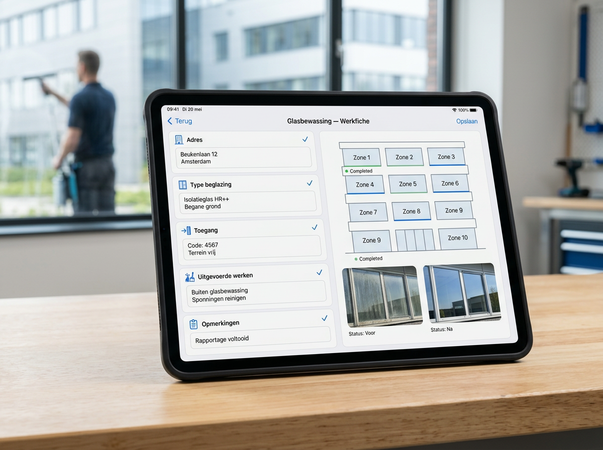 Digital Boeked work order for window cleaners and chimney sweeps with access, checklist and photos