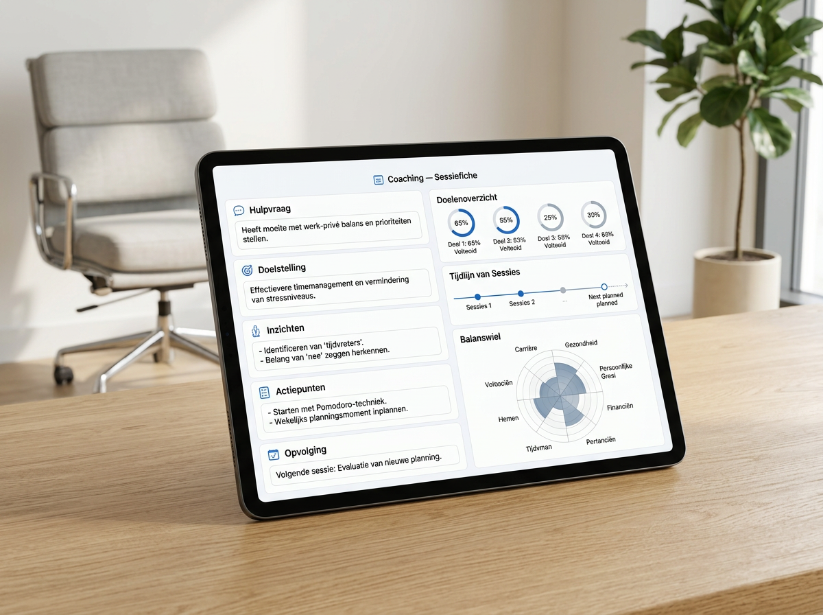 Digitaal Boeked coachingsverslag met thema's, afspraken, stemming en huiswerk
