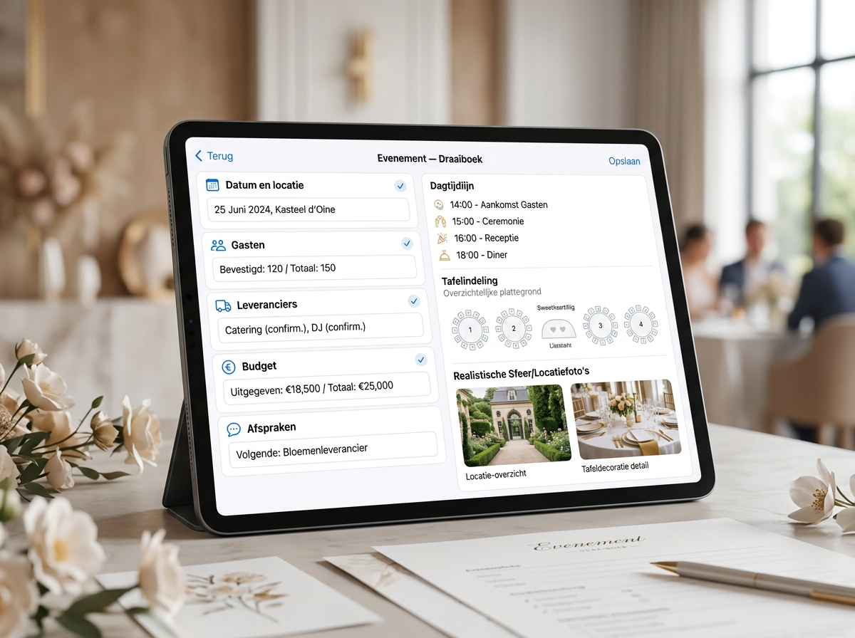 Digitale Boeked eventbriefing voor trouw- en eventplanners met planning, budget en leveranciers