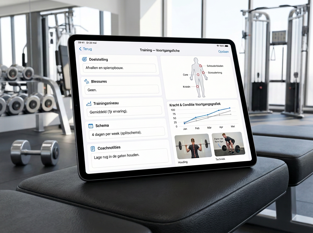 Digitales Boeked Trainingsformular mit Zielen, Messungen, Übungen und Fortschrittsgrafik