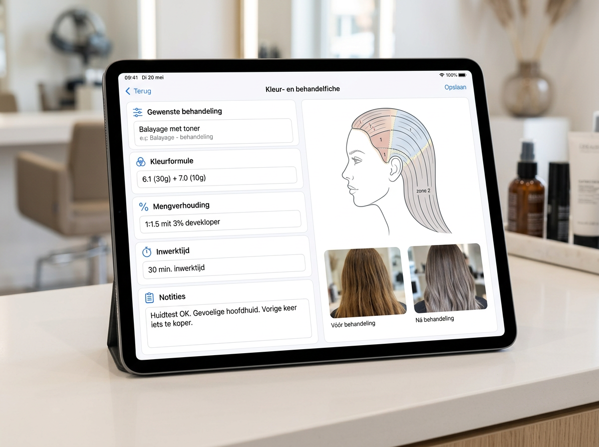 Digital Boeked colour and treatment form for hair salons with formula, processing time and client photos