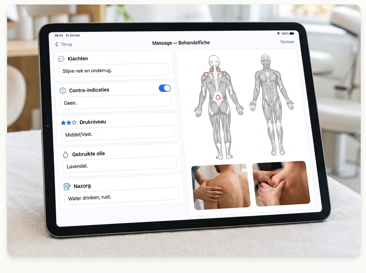Digitaal Boeked massage- en behandelrecord met klachten, drukniveau en zones op een lichaamsschema