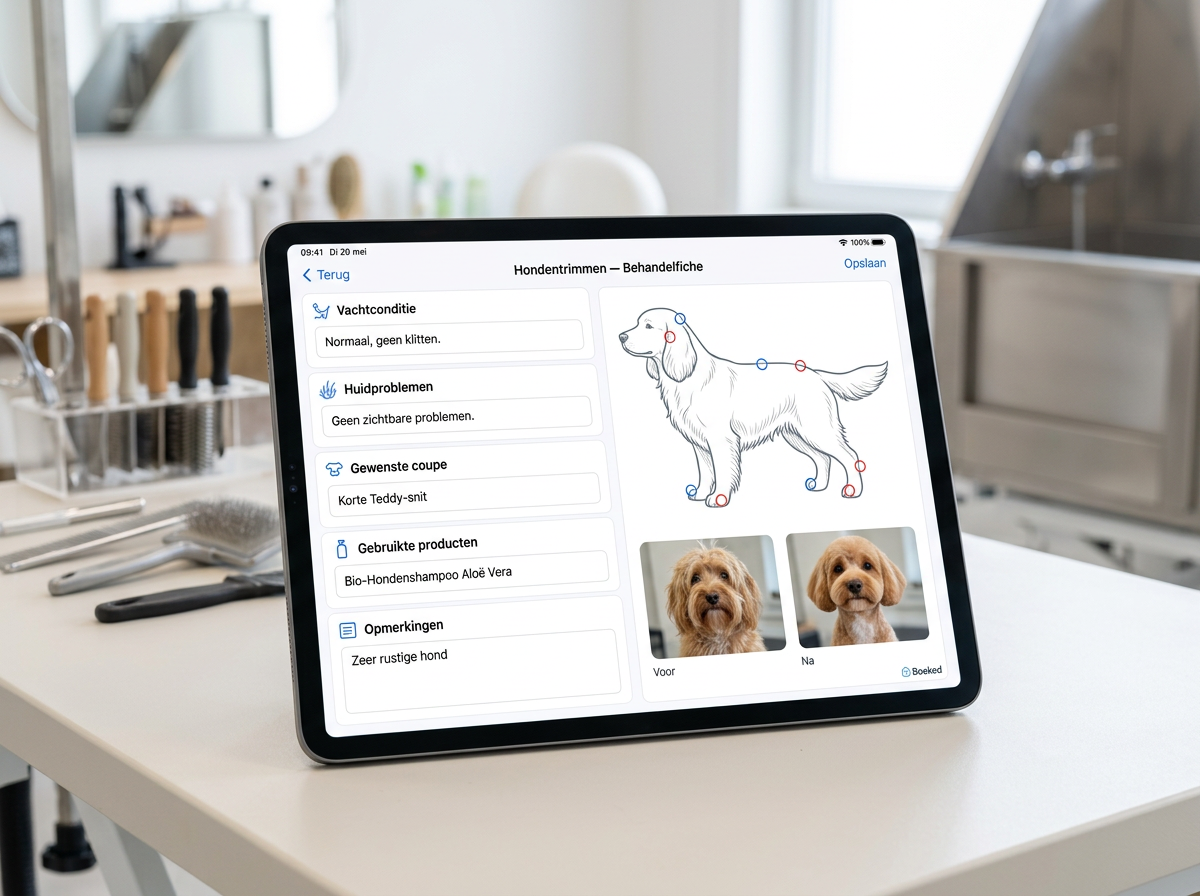 Digitales Boeked Pflegeformular für Hundesalons mit Rasse, Fellzustand, Verhalten und Fotos