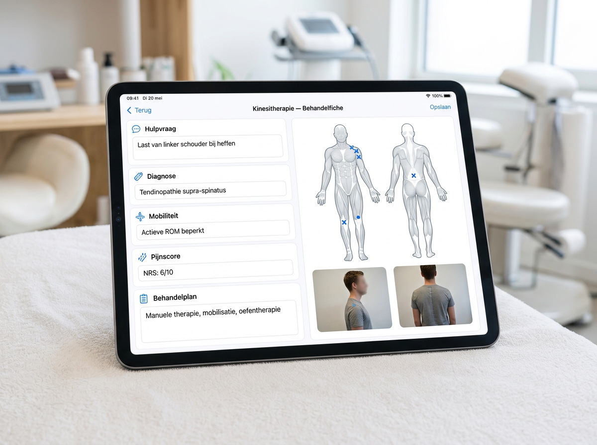 Digitaal Boeked fysiotherapieformulier met pijnscore, lichaamsschema, behandelplan en oefeningen