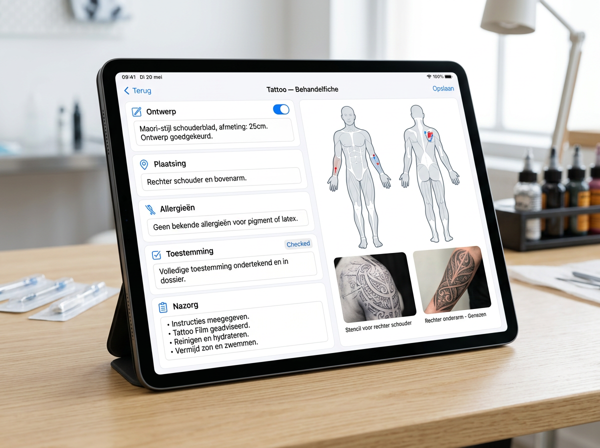 Fiche numérique Boeked tatouage et piercing avec design, emplacement, consentement et soins